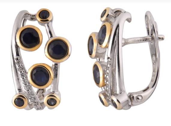 Серьги из серебра с камнем Фианит, Сапфир фото, цены