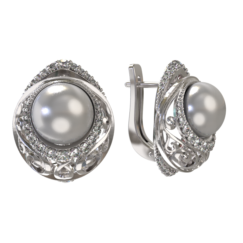 Серьги из серебра с камнем Жемчуг, Фианит фото, цены