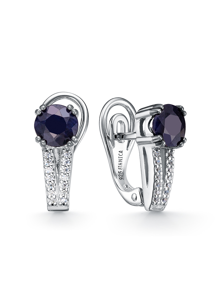 Серьги из серебра с камнем Сапфир, Куб цирконий фото, цены