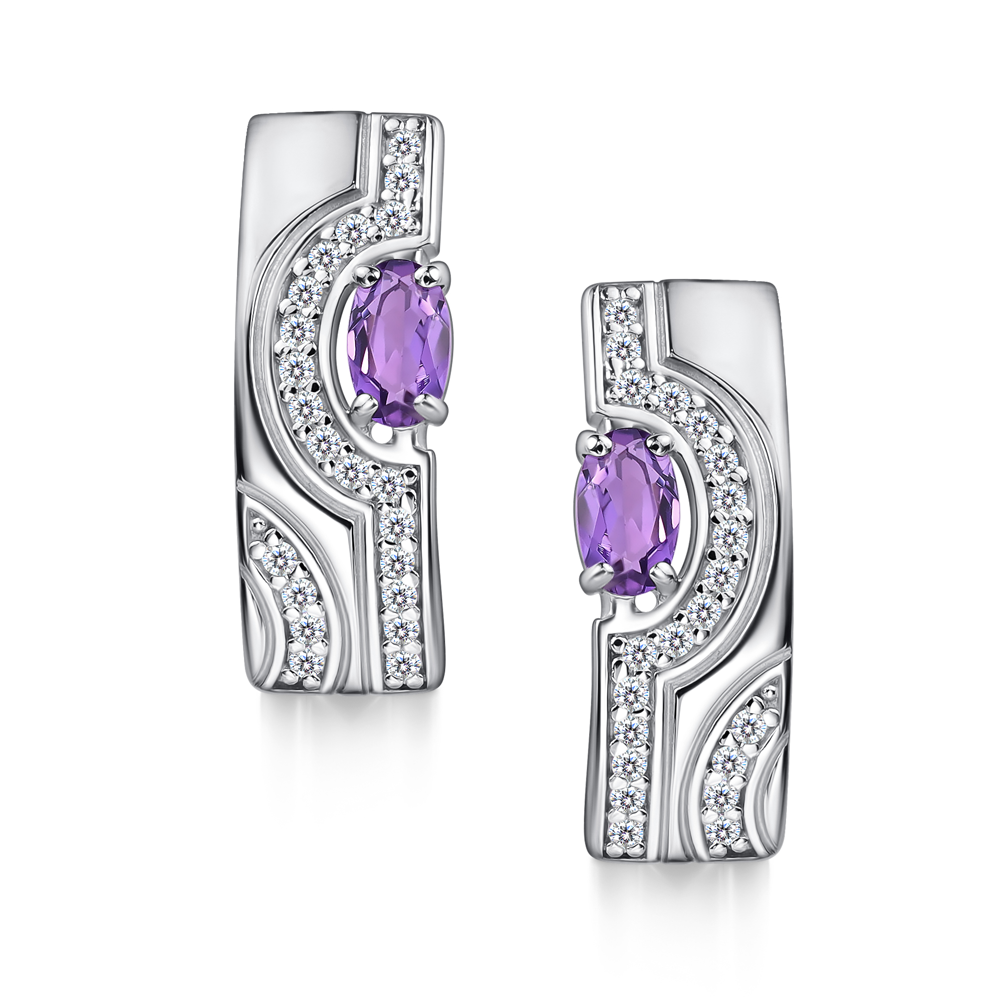 Серьги из серебра с камнем аметист, Фианит фото, цены