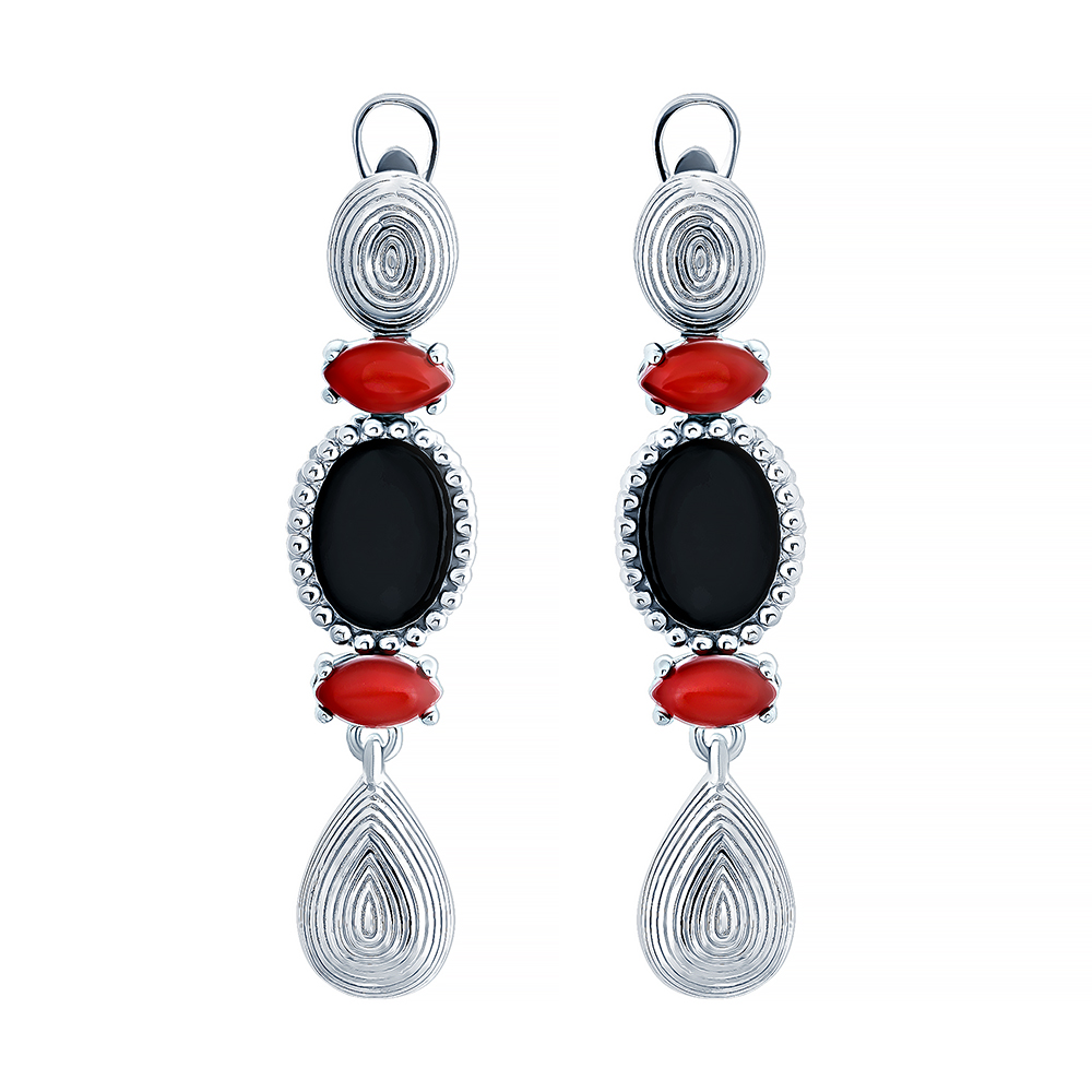 Серьги из серебра с камнем Оникс, Яшма фото, цены