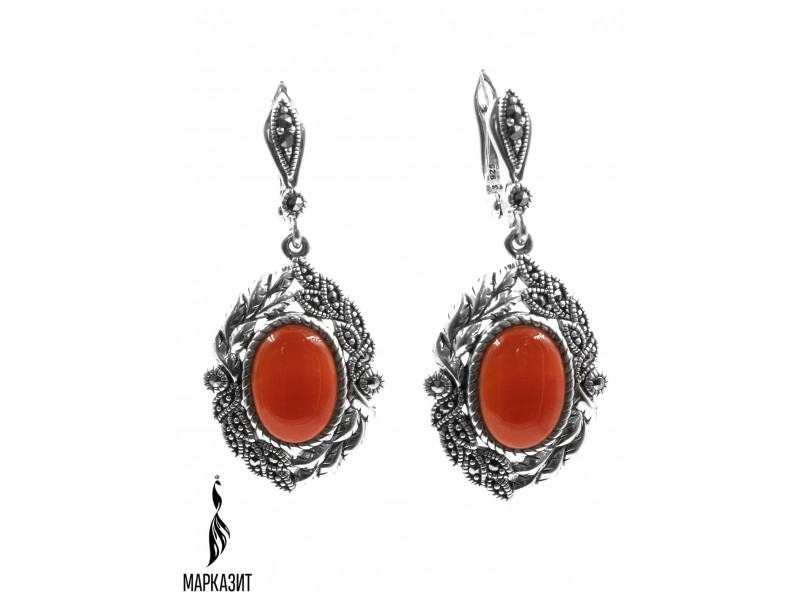 Серьги из серебра с камнем Сердолик, Марказит фото, цены