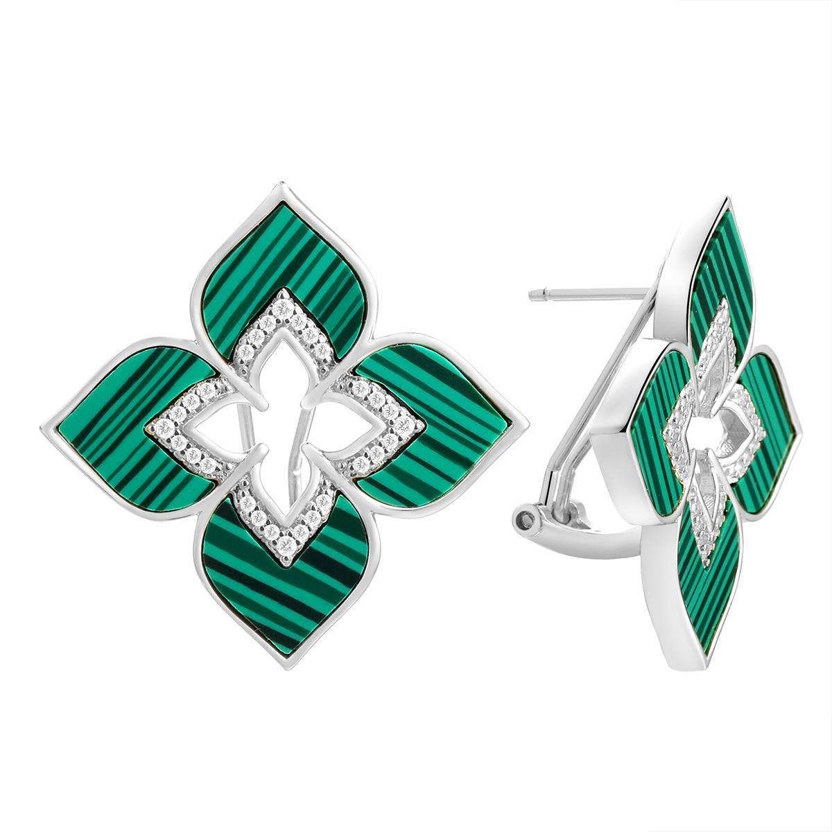 Серьги из серебра с камнем Фианит, Малахит фото, цены