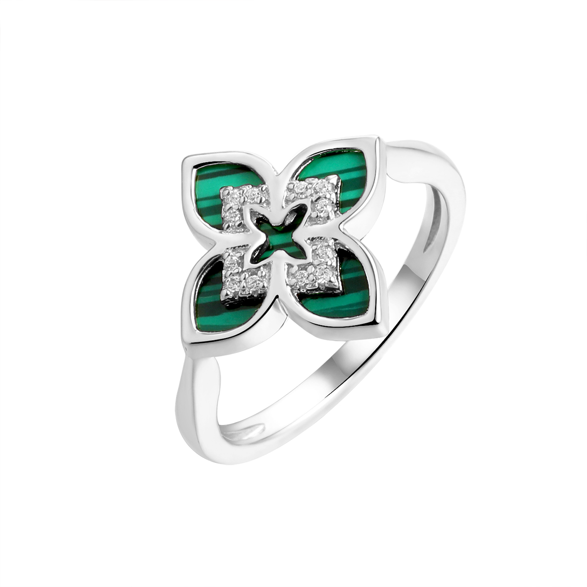 Кольцо из серебра с камнем Фианит, Малахит прес. фото, цены