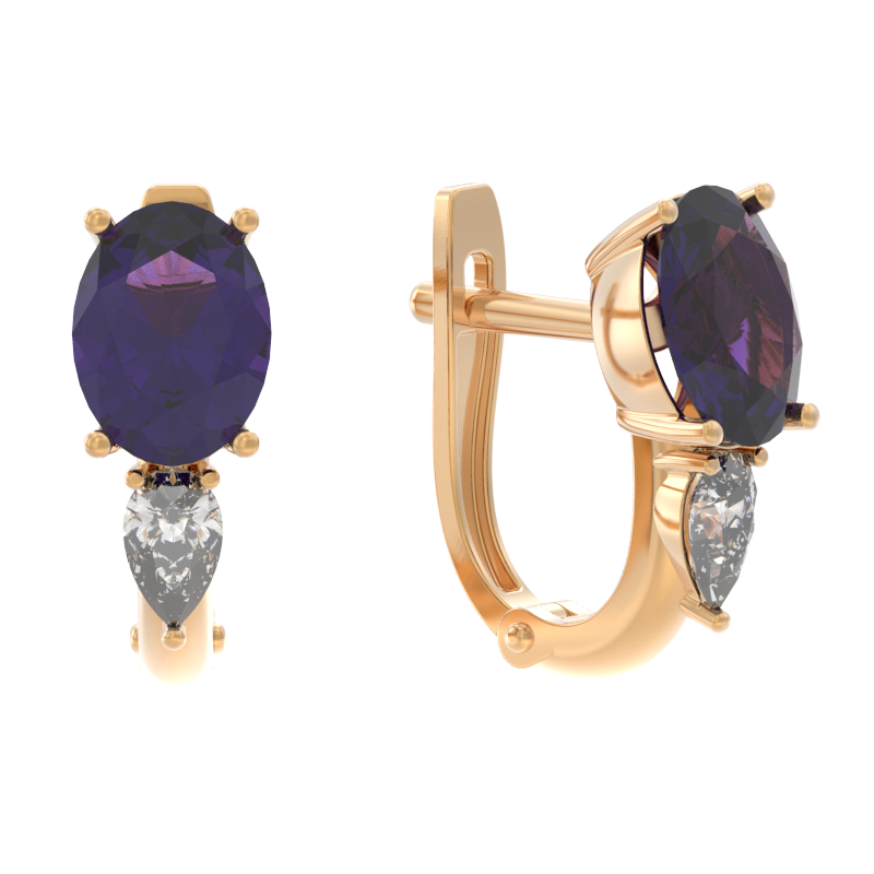 Серьги из золота с камнем аметист, Фианит фото, цены
