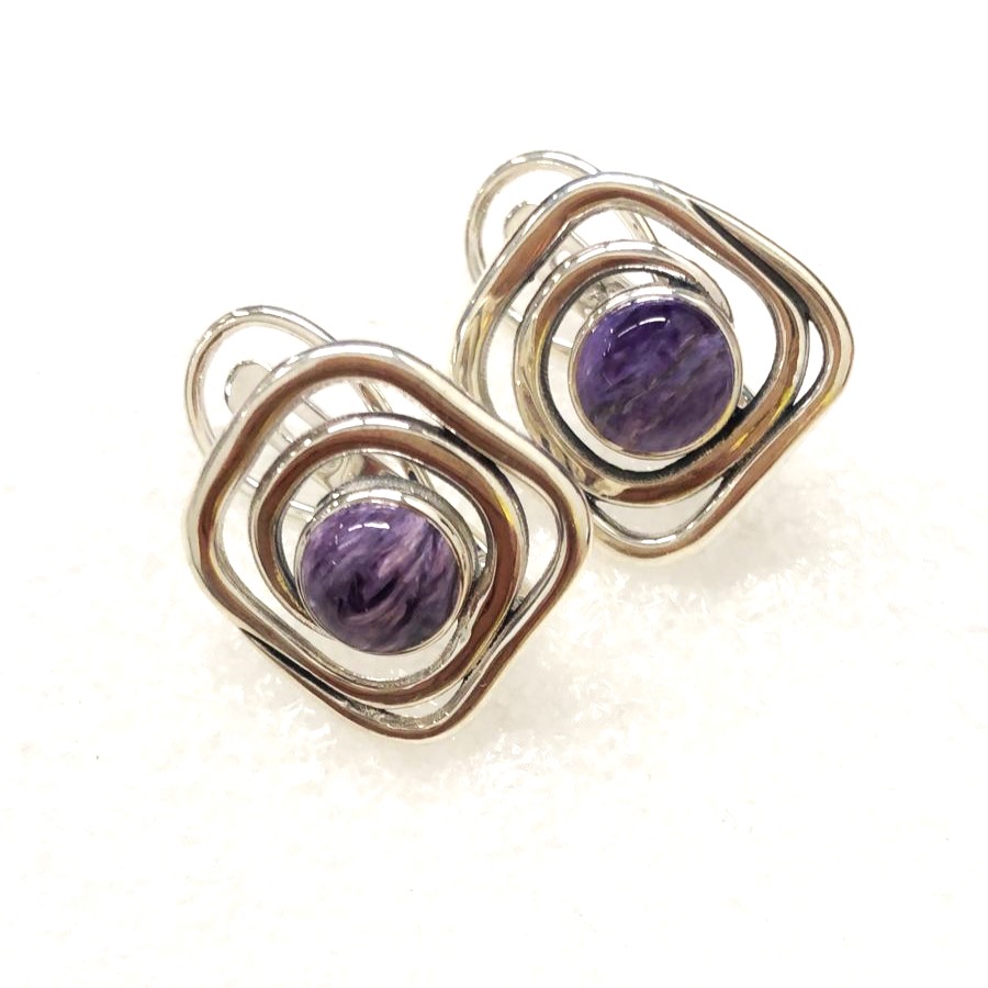 Серьги из серебра с камнем Чароит фото, цены