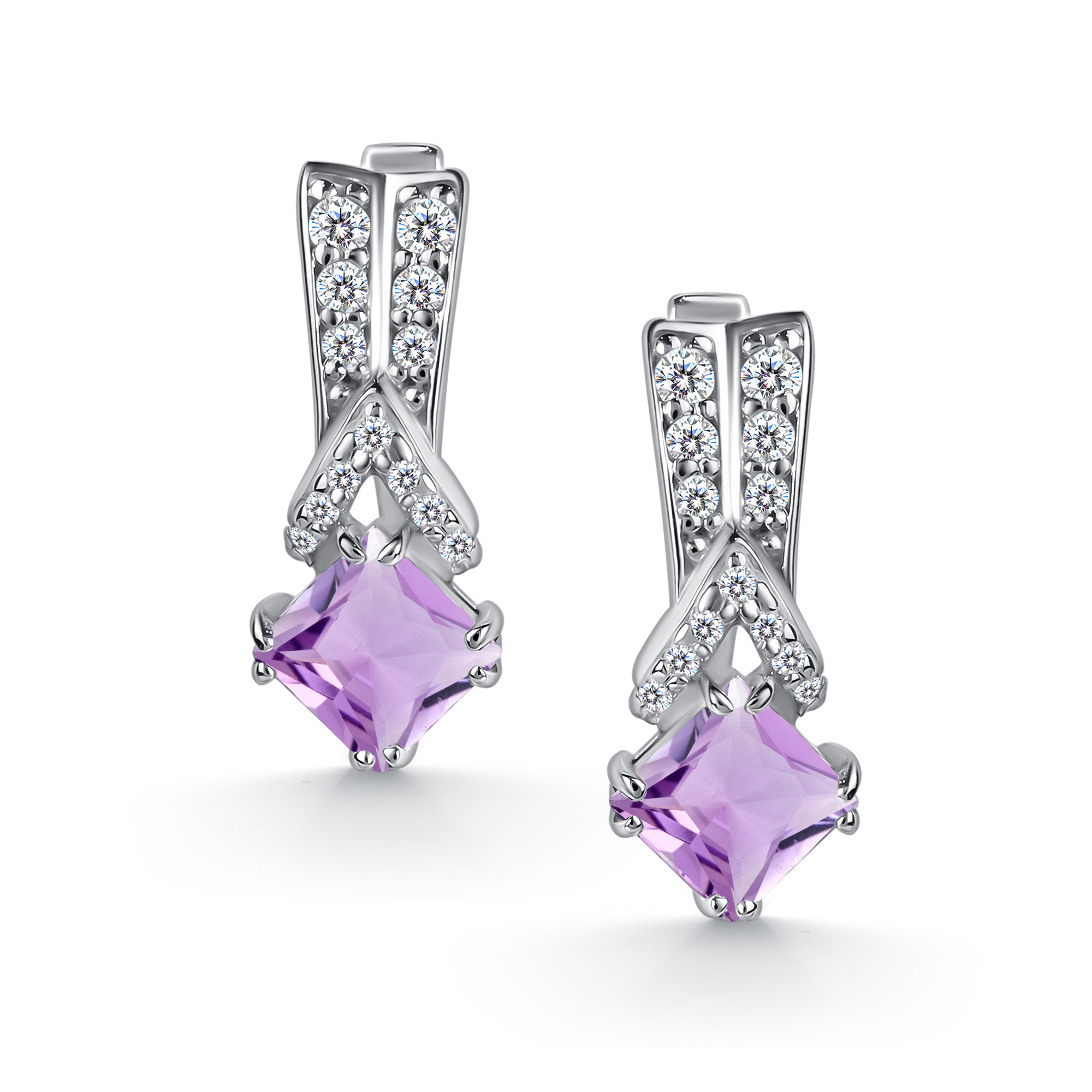 Серьги из серебра с камнем аметист, Фианит фото, цены