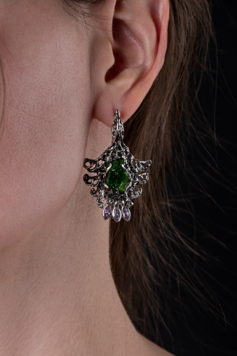 Серьги из серебра с камнем аметист, Бриллиант, Хромдиопсид фото, цены