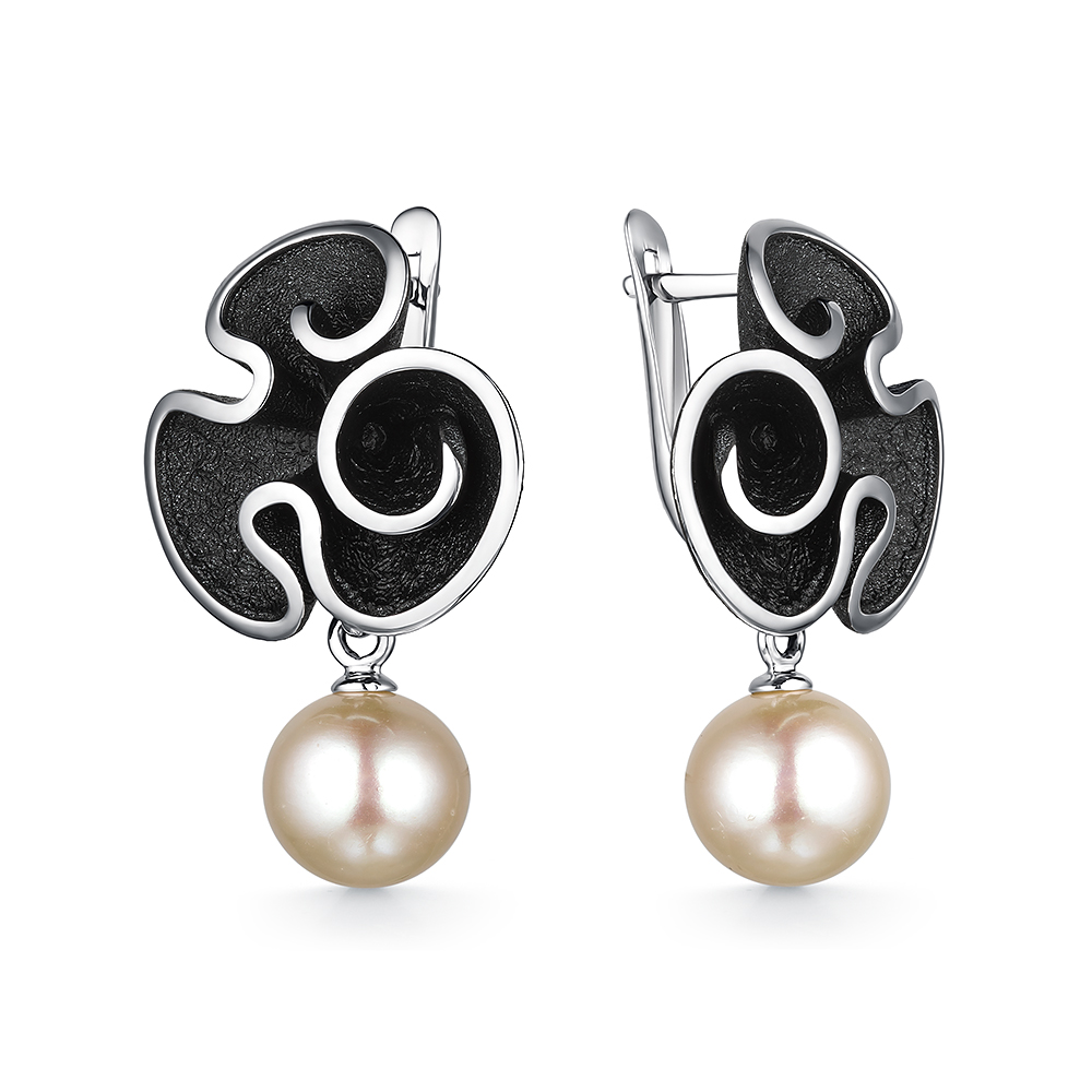 Серьги из серебра с камнем Жемчуг, вставками эмали фото, цены