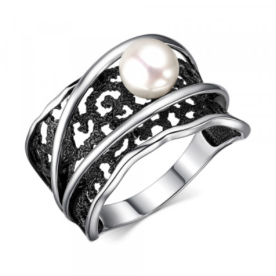 Кольцо из серебра с камнем Жемчуг, вставками эмали фото, цены