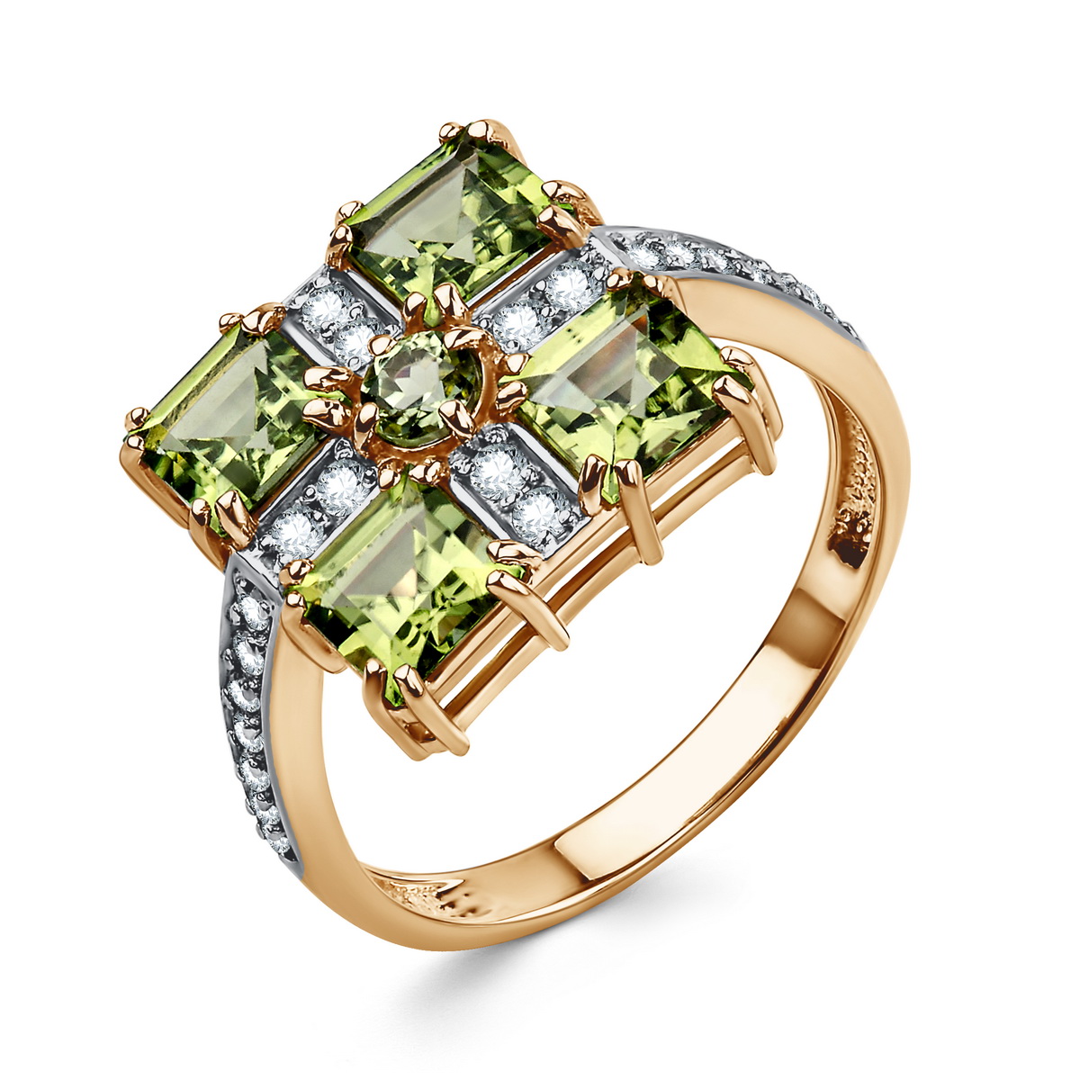 Кольцо из золота с камнем Хризолит, Фианит фото, цены