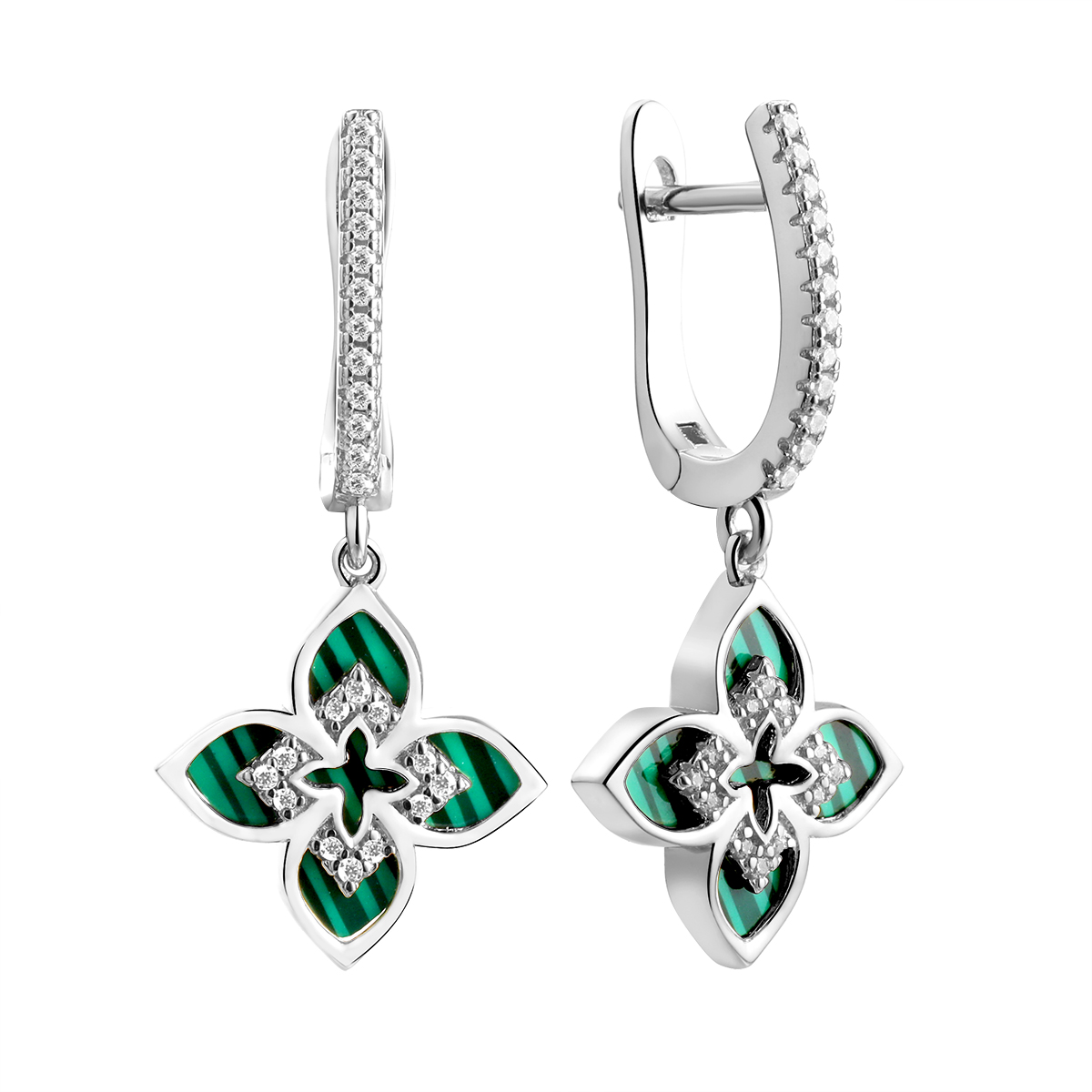 Серьги из серебра с камнем Фианит, Малахит прес. фото, цены