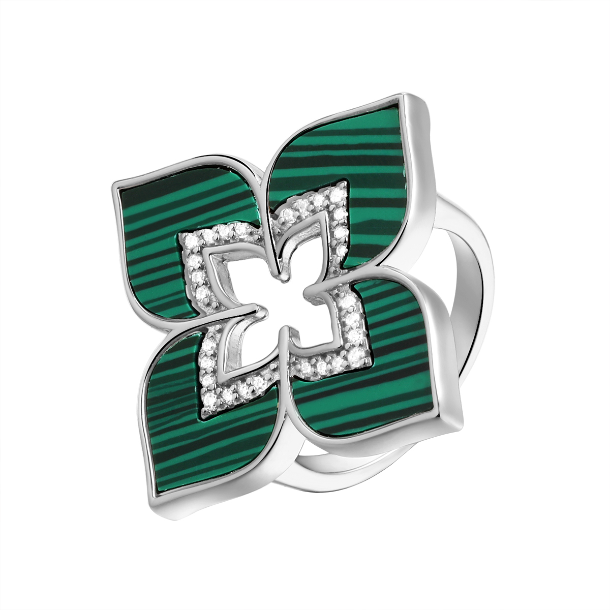 Кольцо из серебра с камнем Фианит, Малахит прес. фото, цены