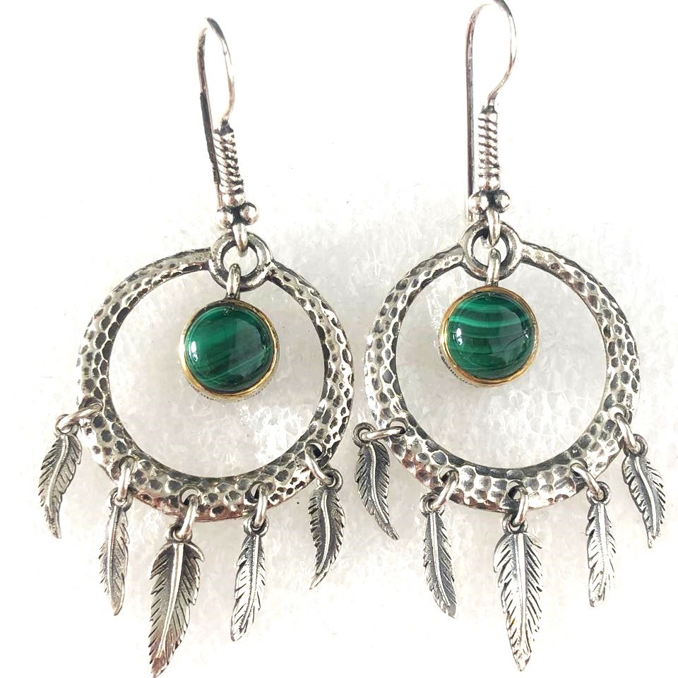 Серьги из серебра с камнем Малахит фото, цены