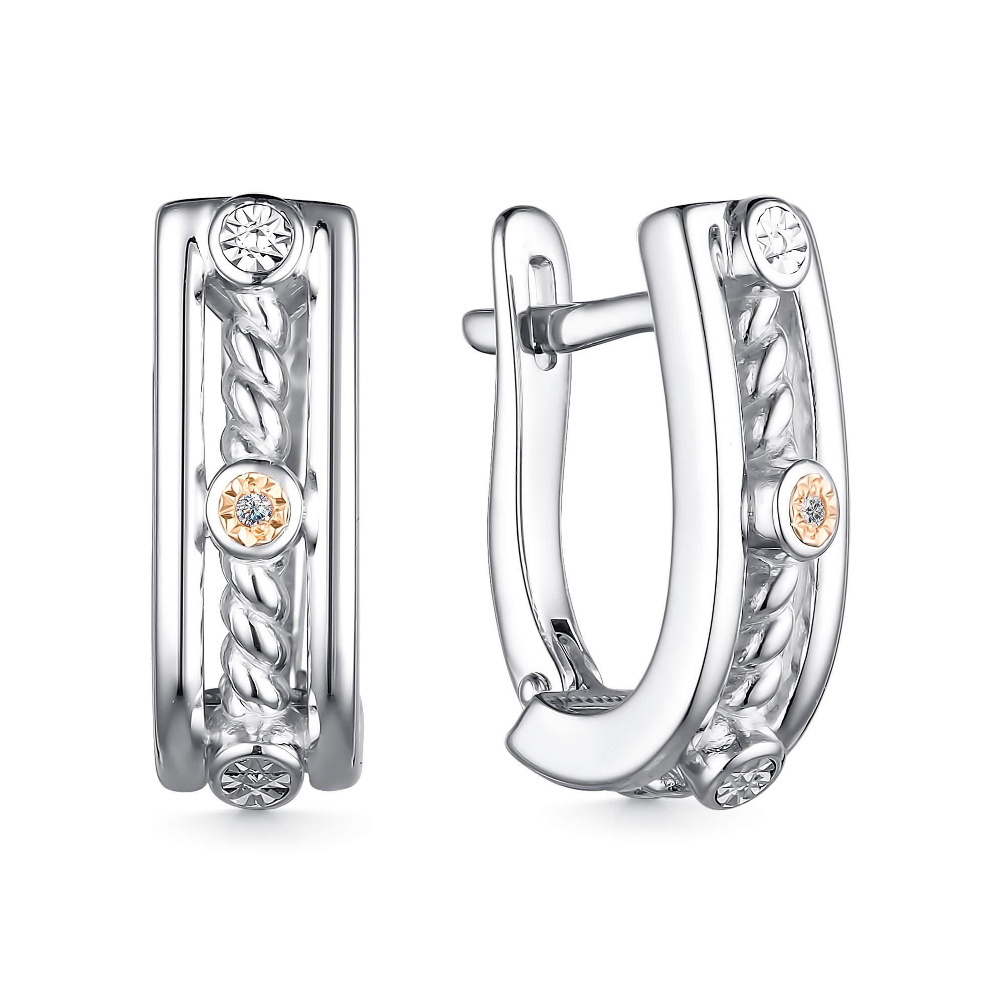 Серьги из серебра с камнем Бриллиант, вставками золота фото, цены