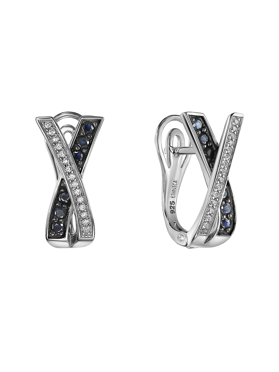 Серьги из серебра с камнем Сапфир, Куб цирконий фото, цены