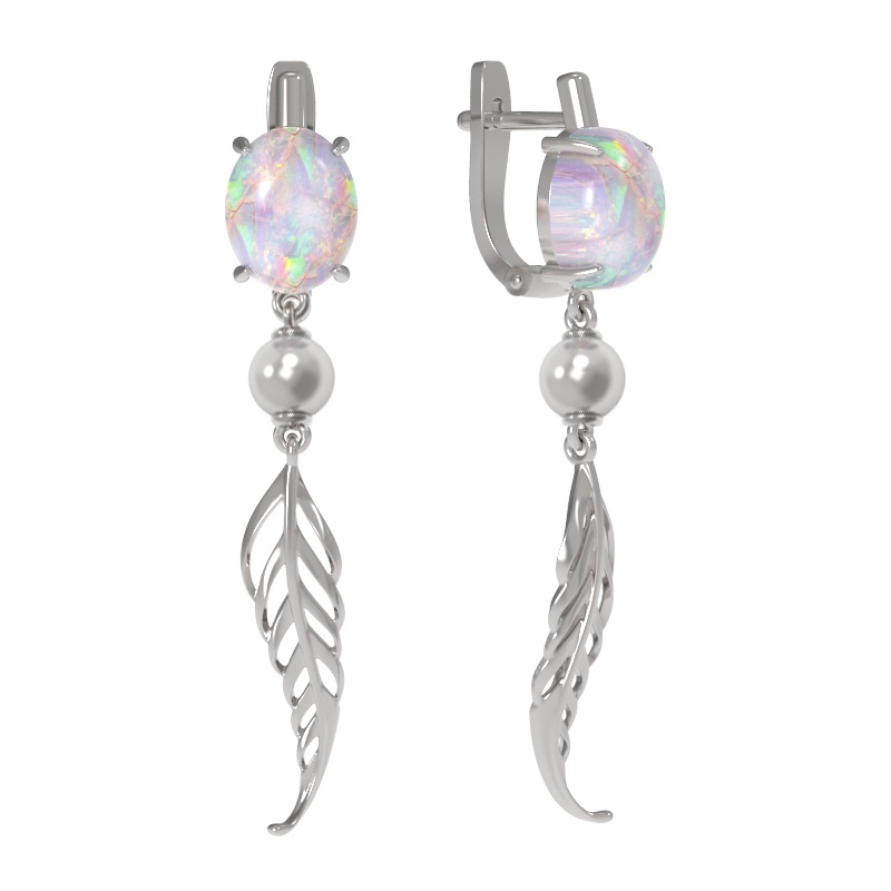 Серьги из серебра с камнем Опал иск., Жемчуг иск. фото, цены