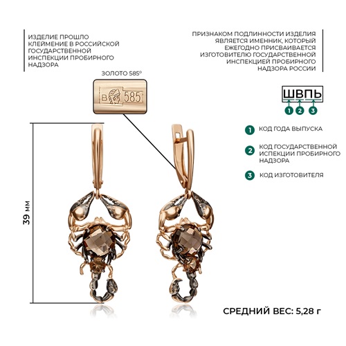 Серьги из золота с камнем Кварц фото, цены