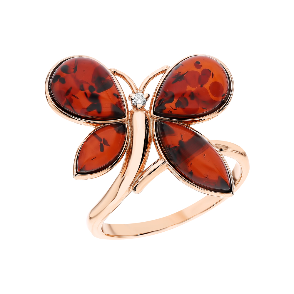 Кольцо из серебра с камнем Фианит, Янтарь фото, цены