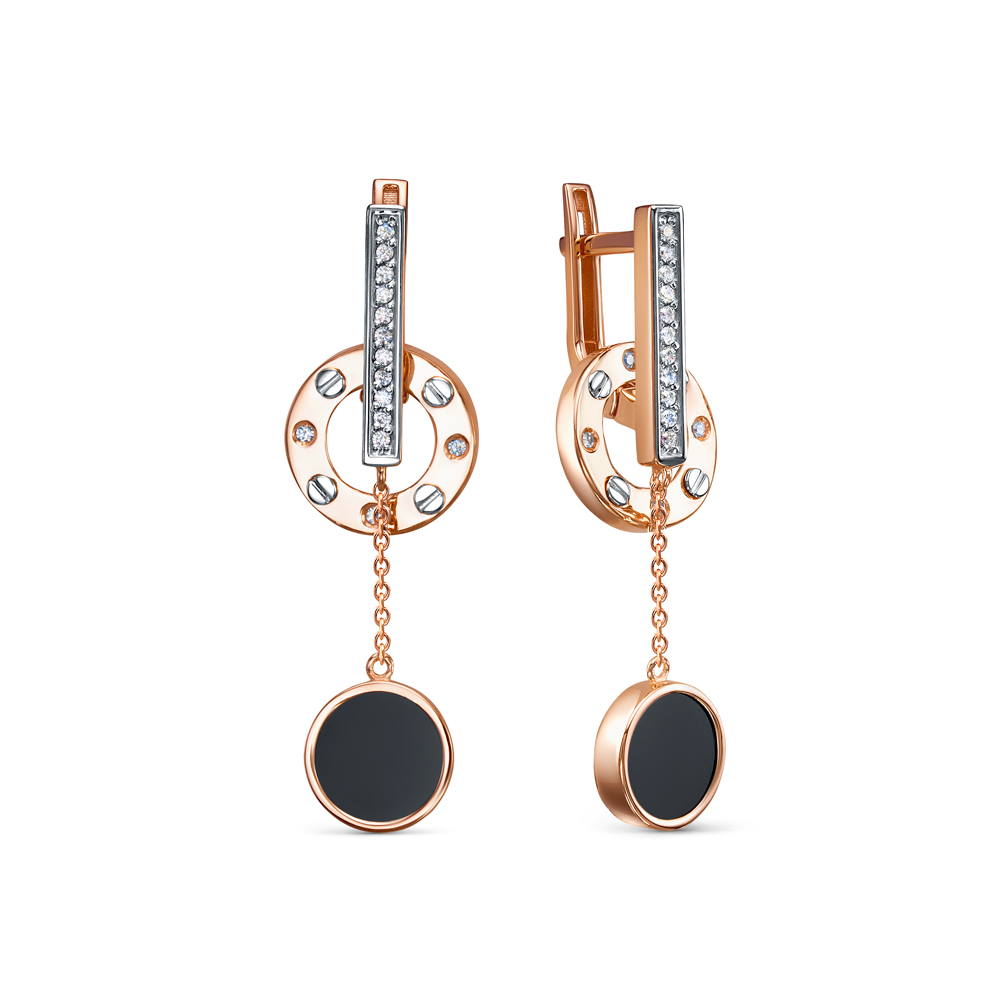 Серьги из золота с камнем Фианит, Оникс фото, цены