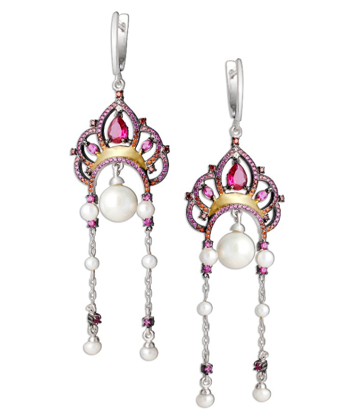 Серьги из серебра с камнем Жемчуг, Фианит фото, цены