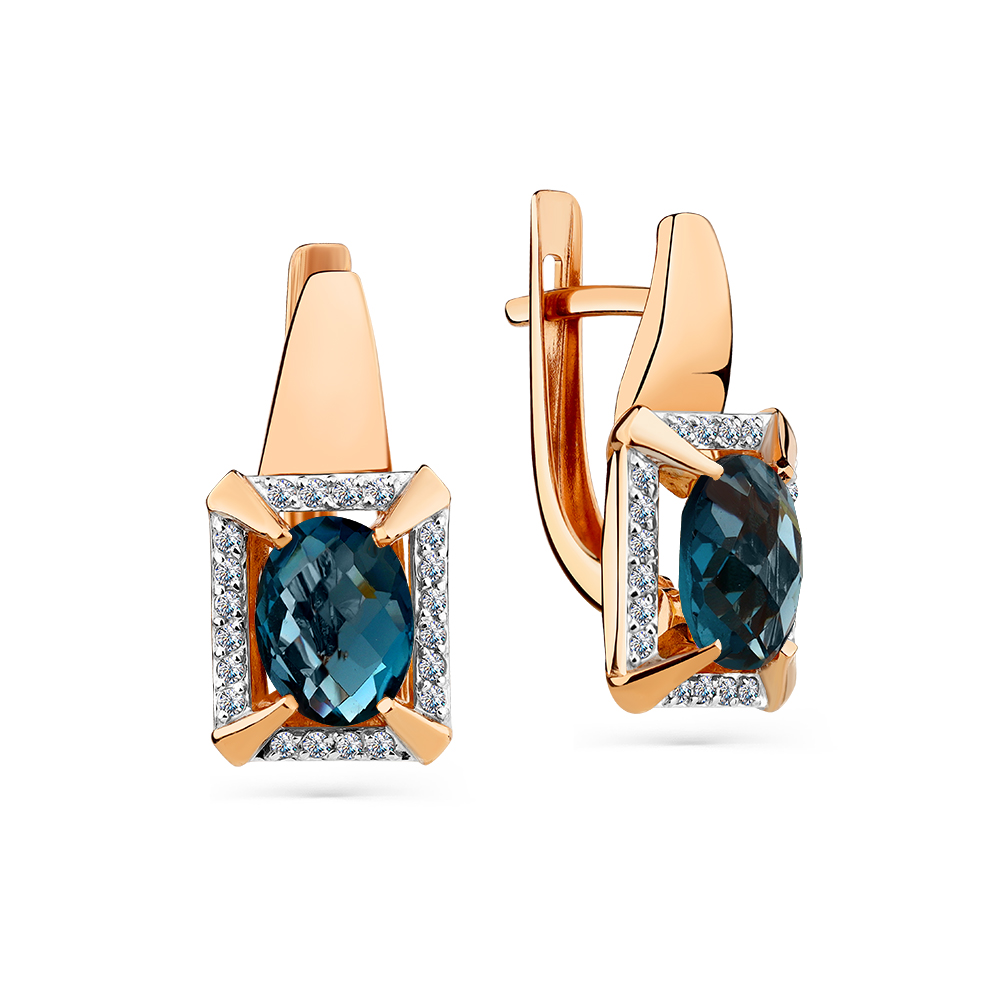 Серьги из золота с камнем Лондон топаз, Фианит фото, цены