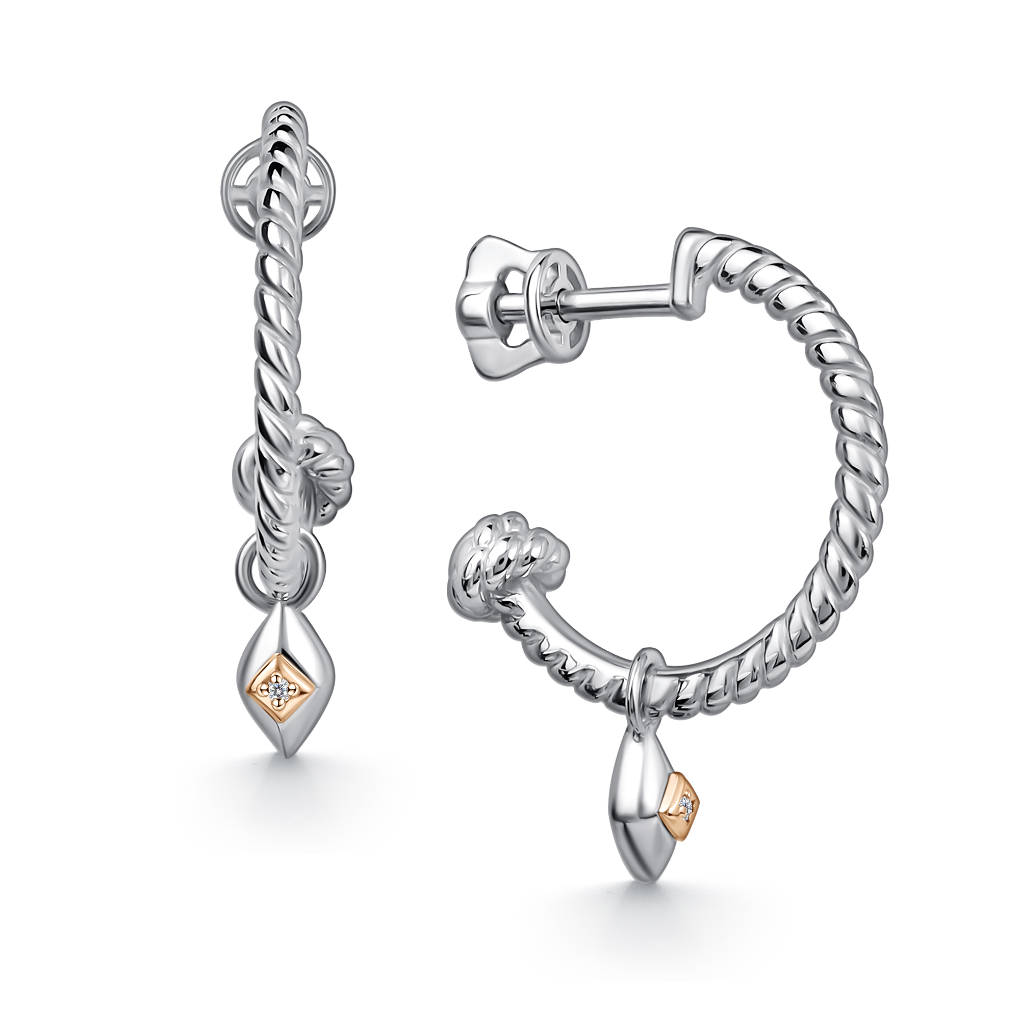 Серьги из серебра с камнем Бриллиант, вставками золота фото, цены