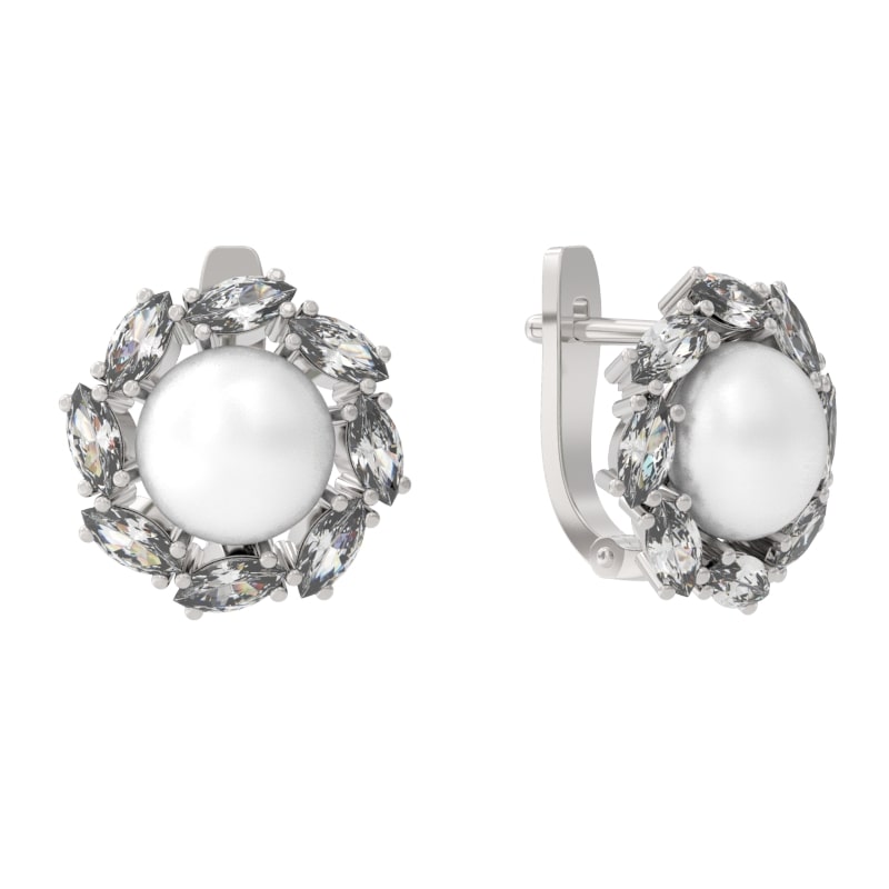 Серьги из серебра с камнем Жемчуг, Фианит фото, цены