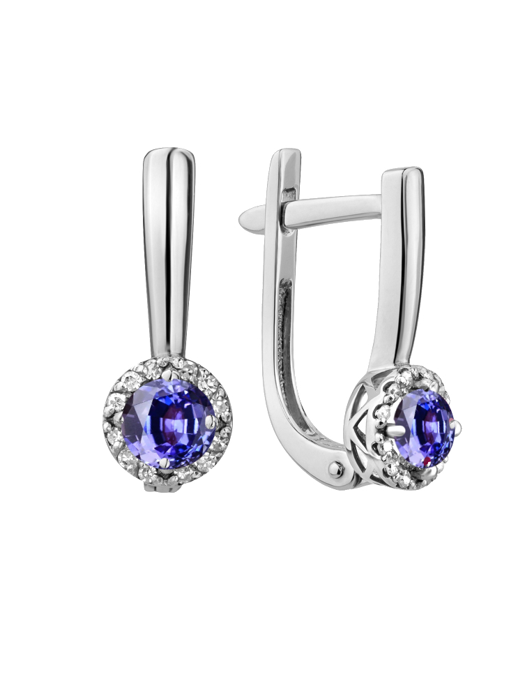Серьги из белого золота с камнем Бриллиант, Танзанит фото, цены