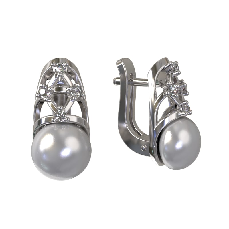 Серьги из серебра с камнем Жемчуг, Фианит фото, цены