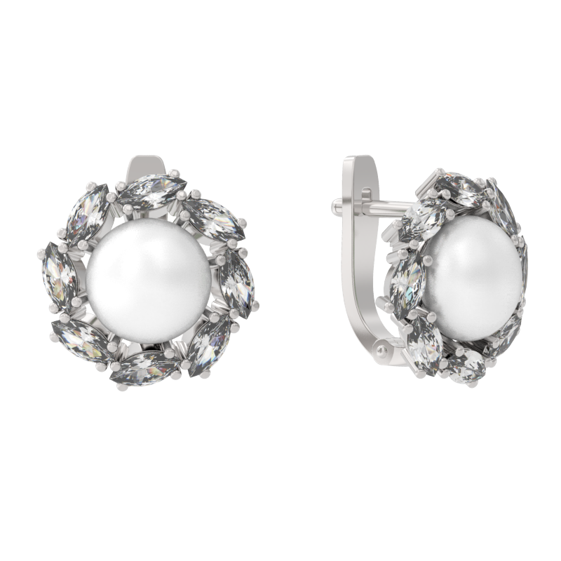 Серьги из серебра с камнем Жемчуг, Фианит фото, цены