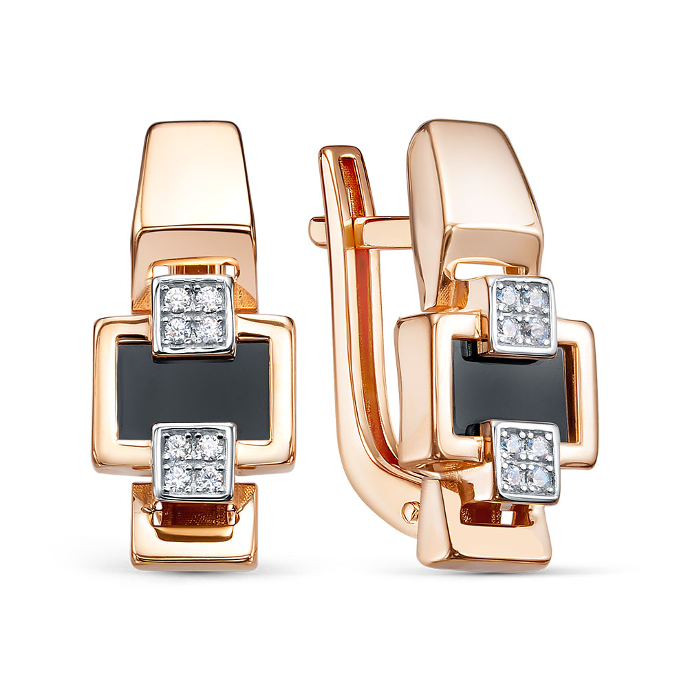 Серьги из золота с камнем Фианит, Оникс фото, цены