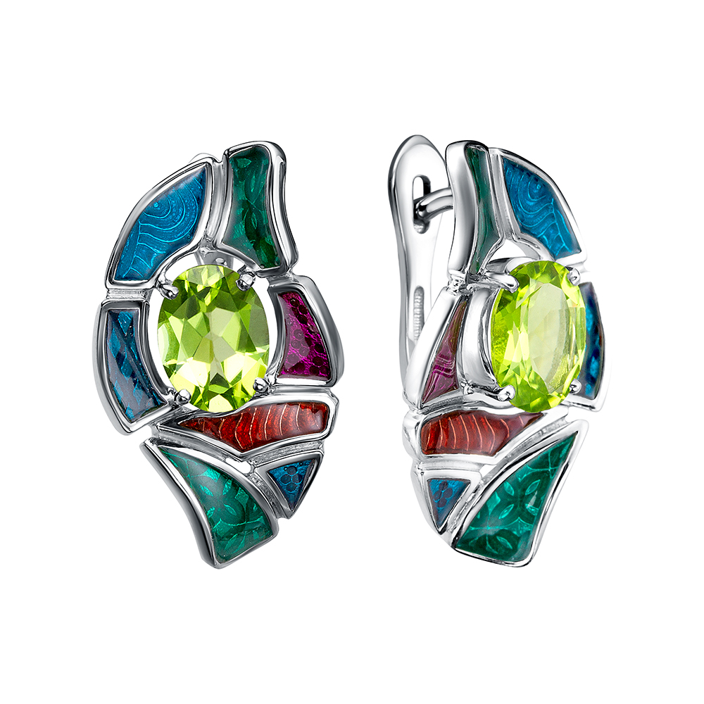 Серьги из серебра с камнем Хризолит, вставками эмали фото, цены
