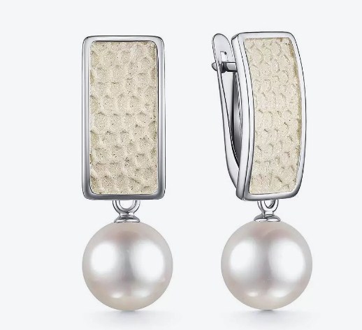 Серьги из серебра с камнем Жемчуг, вставками эмали фото, цены