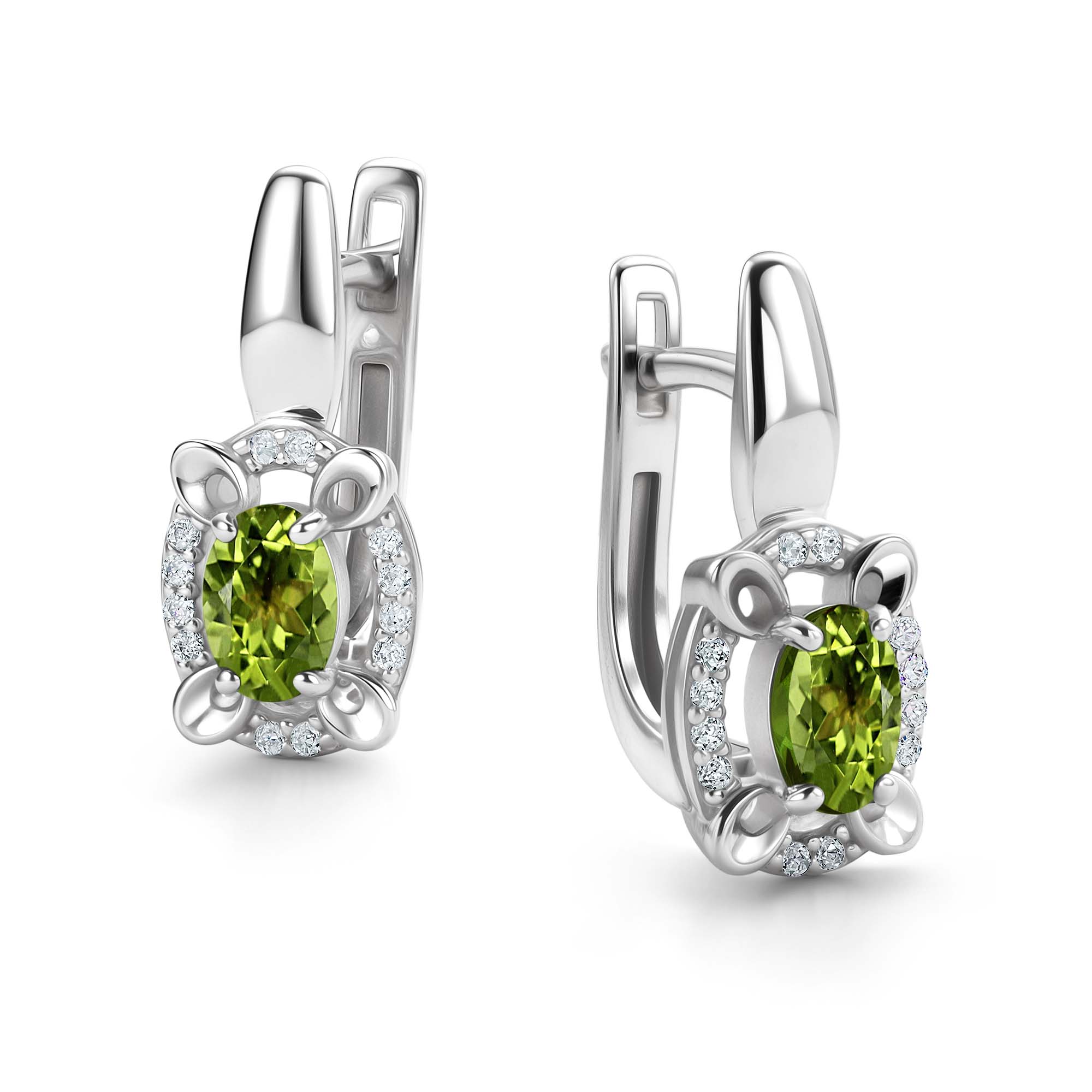 Серьги из серебра с камнем Хризолит, Фианит фото, цены