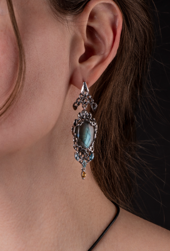 Серьги из серебра с камнем Топаз, Цитрин, Бриллиант, апатит фото, цены