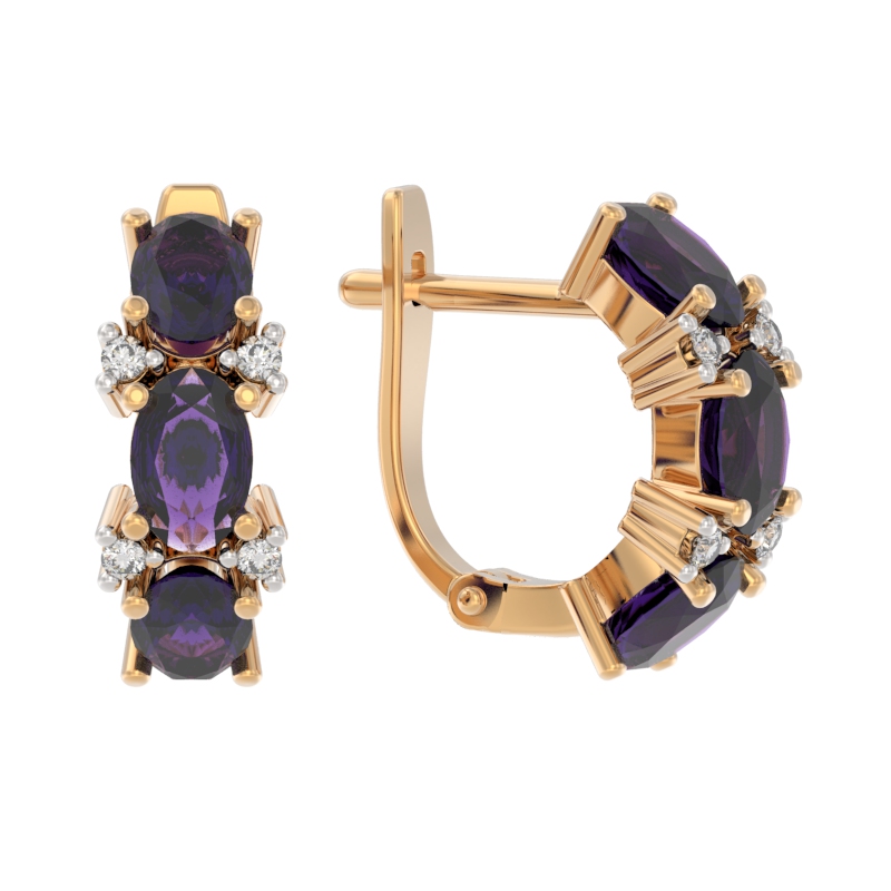 Серьги из золота с камнем аметист, Фианит фото, цены