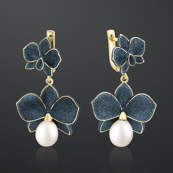 Серьги из серебра с камнем Жемчуг, вставками эмали фото, цены