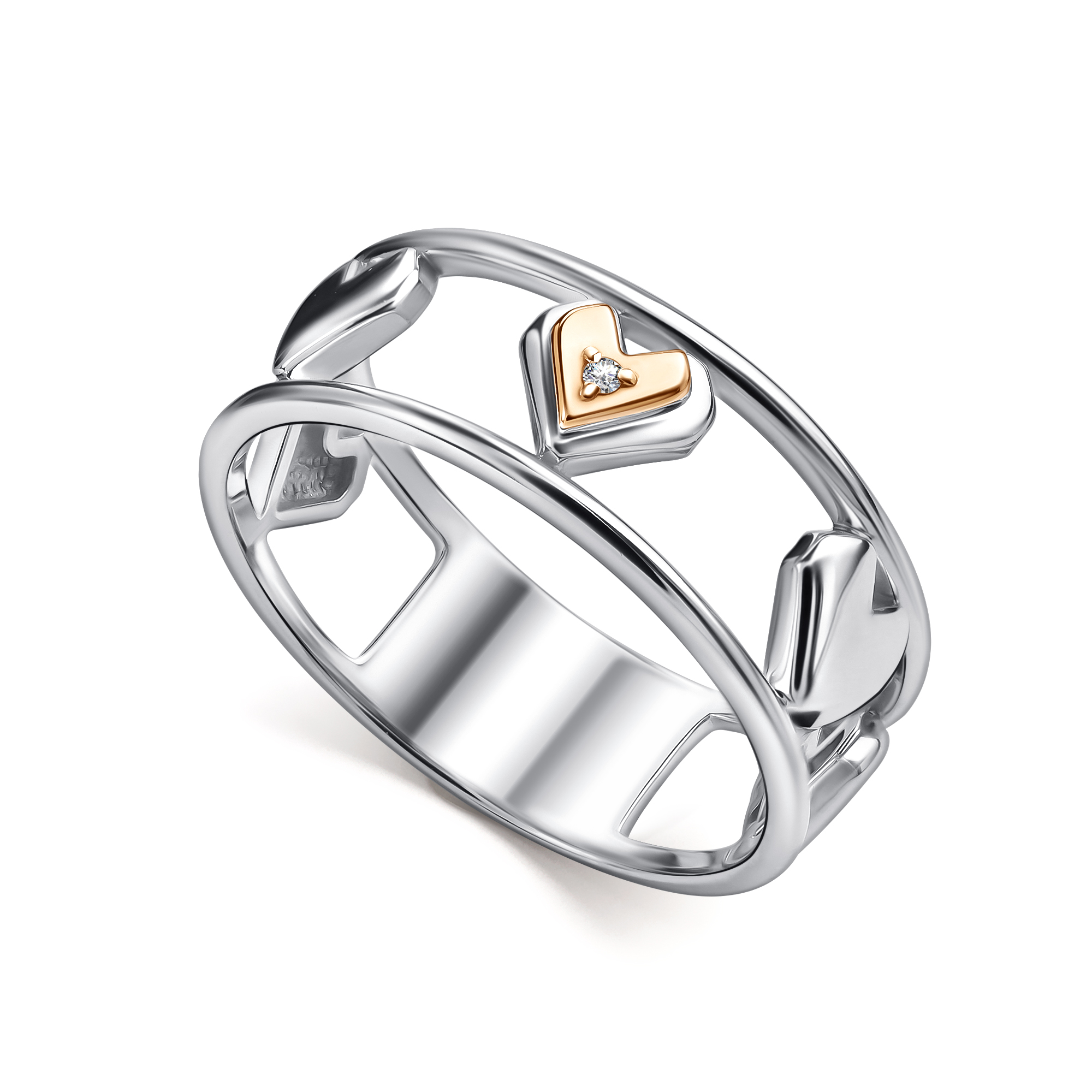 Кольцо из серебра с камнем Бриллиант, вставками золота фото, цены