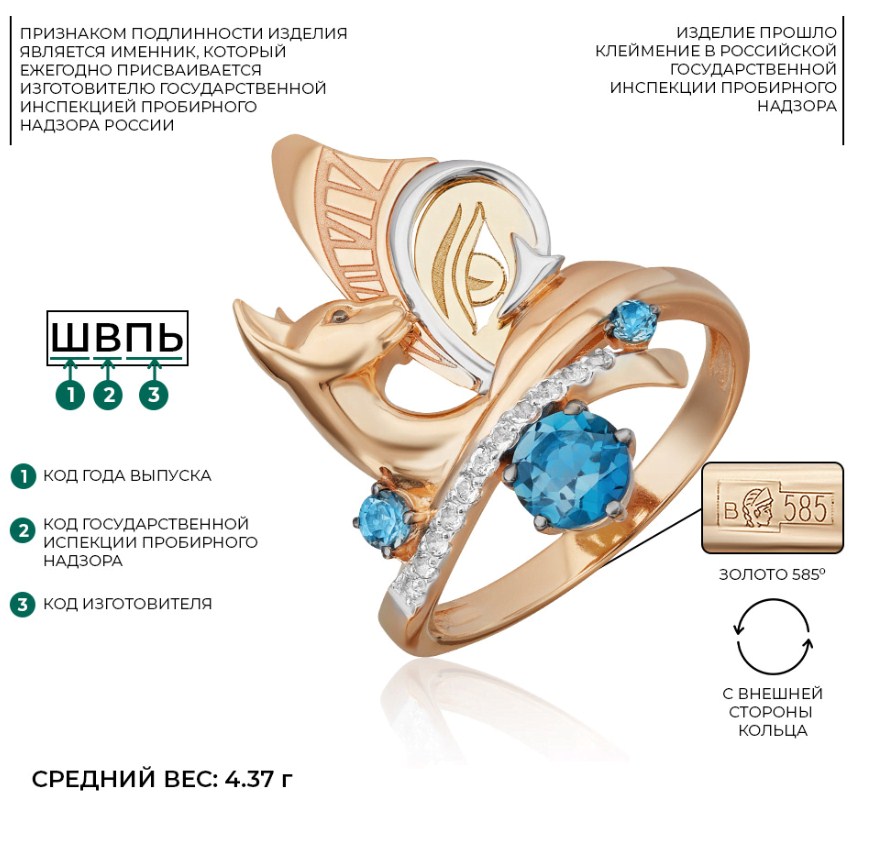 Кольцо из золота с камнем Топаз фото, цены