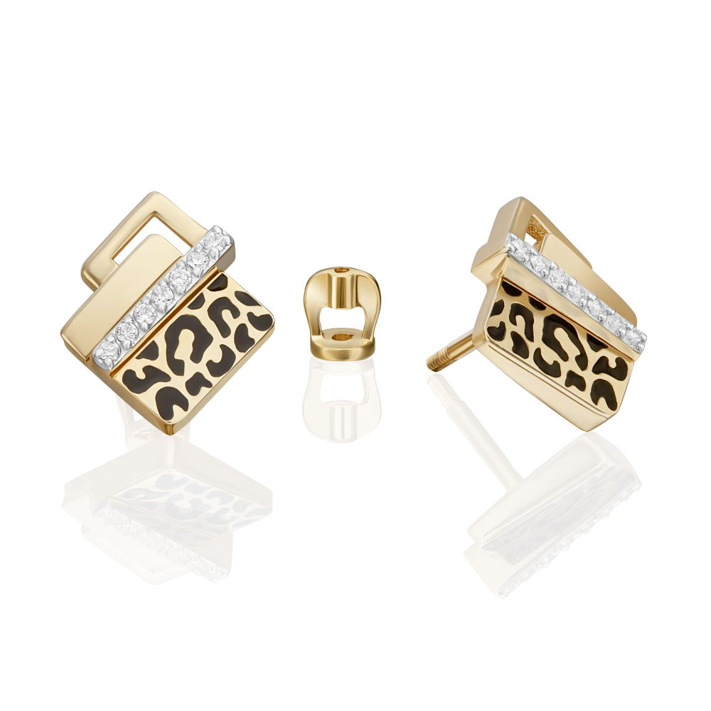 Пуссеты из золота с камнем Фианит, вставками эмали фото, цены