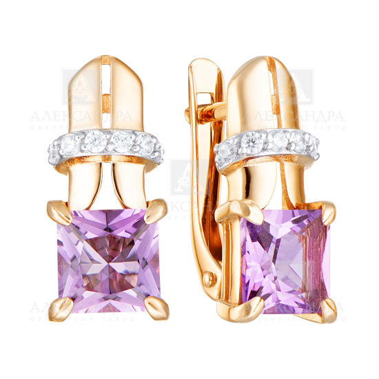 Серьги из золота с камнем аметист, Фианит фото, цены