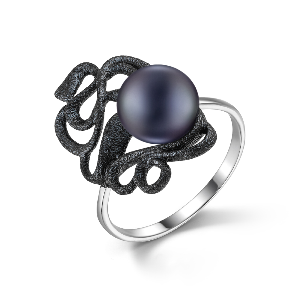 Кольцо из серебра с камнем Жемчуг, вставками эмали фото, цены