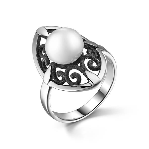 Кольцо из серебра с камнем Жемчуг, вставками эмали фото, цены