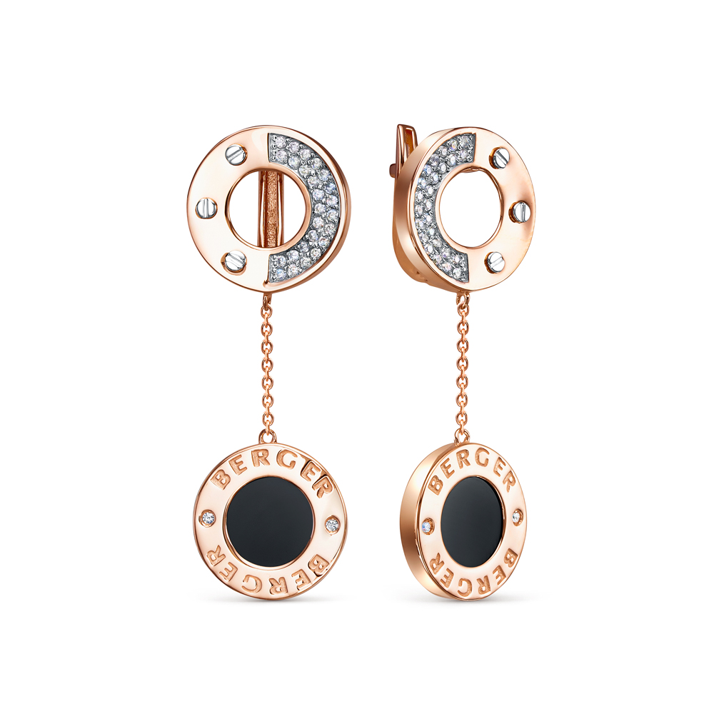 Серьги из золота с камнем Фианит, Оникс фото, цены