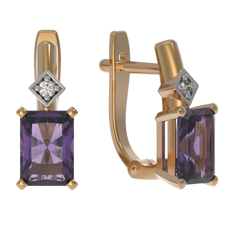 Серьги из золота с камнем аметист, Фианит фото, цены