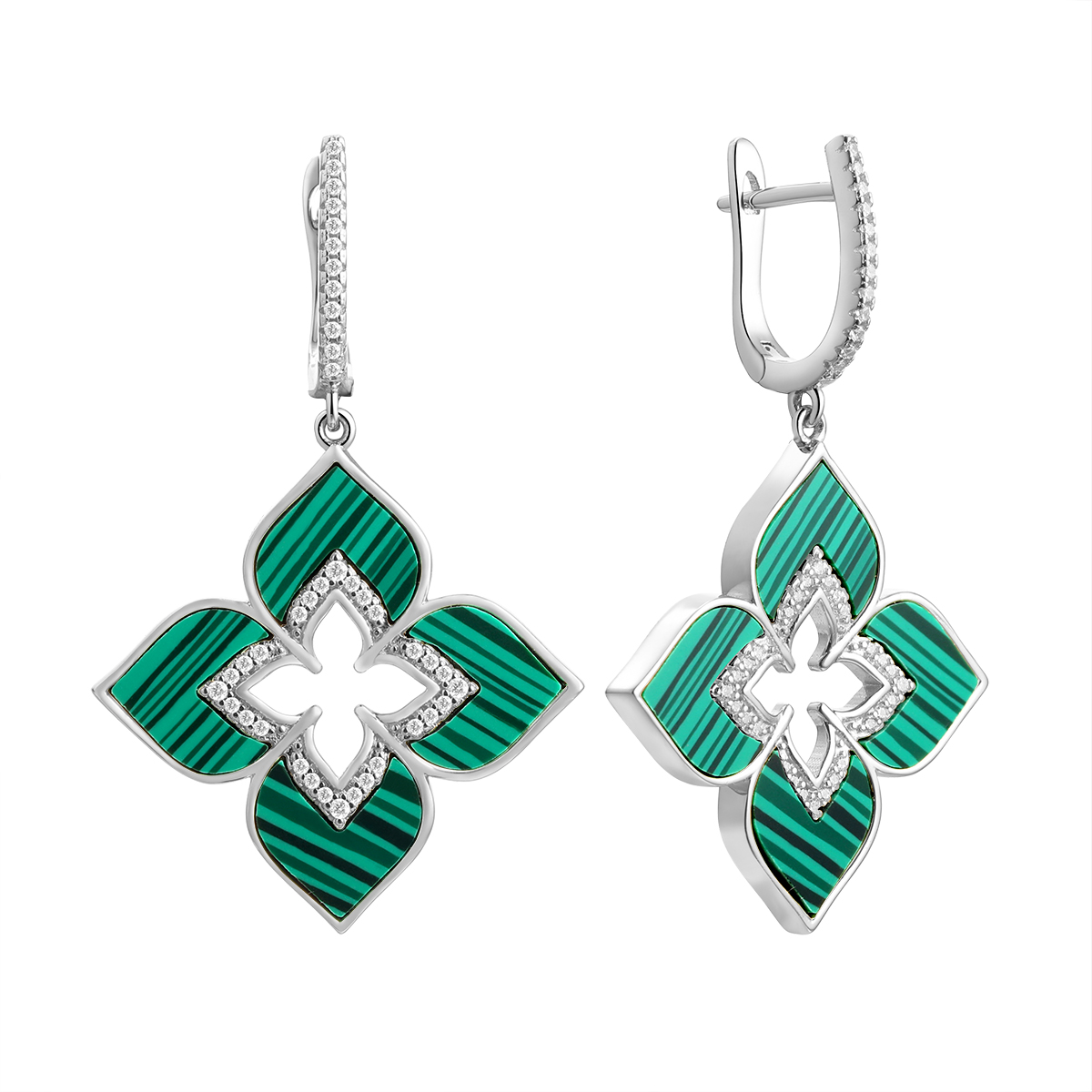 Серьги из серебра с камнем Фианит, Малахит прес. фото, цены