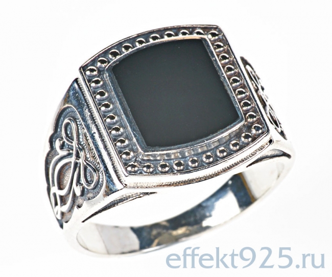 Печатка из серебра с камнем Обсидиан фото, цены