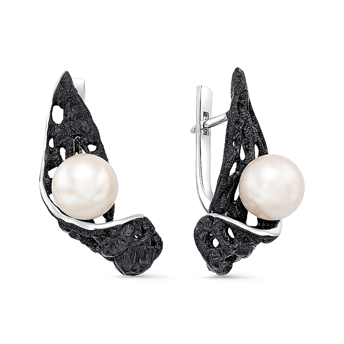 Серьги из серебра с камнем Жемчуг, вставками эмали фото, цены