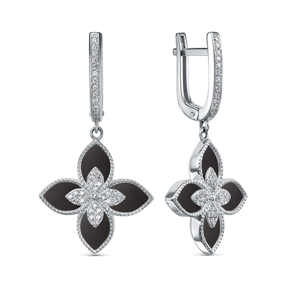 Серьги из серебра с камнем Фианит, Оникс фото, цены